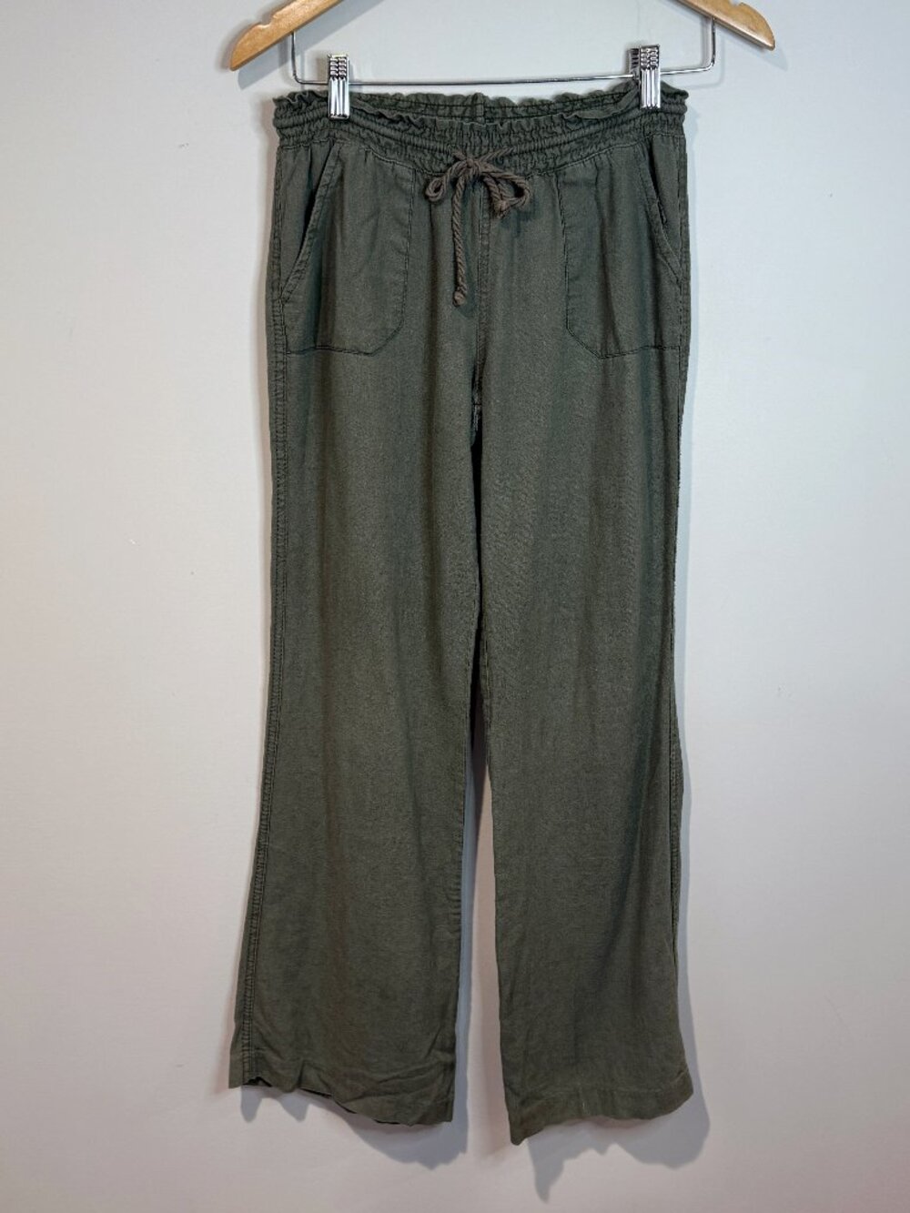 Ci Sono Womens Linen Blend Wide Leg Pull On Pants Olive Green Drawstring Boho S